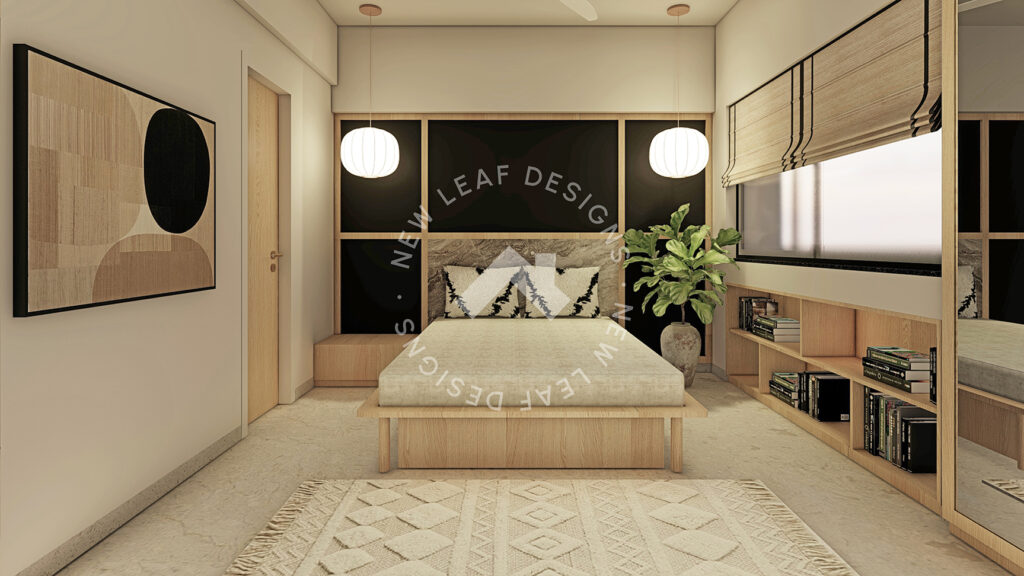 Japandi bedroom interiors with wooden platform bed, wall headboard panel, pendant lighting and storage in white oak finishes