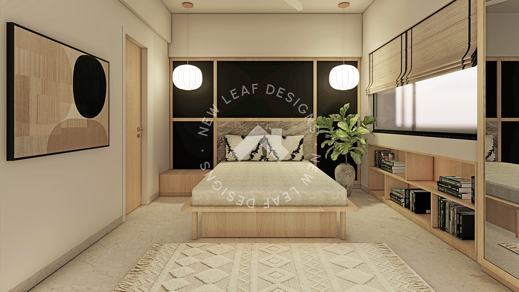 Japandi bedroom interiors with wooden platform bed, wall headboard panel, pendant lighting and storage in white oak finishes