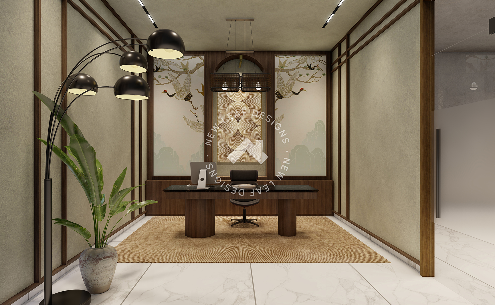 Indochine inspired home office design with walnut panel walls, limewash finishes, marble top desk, floor lamp, textured rug and warm ambient lighting