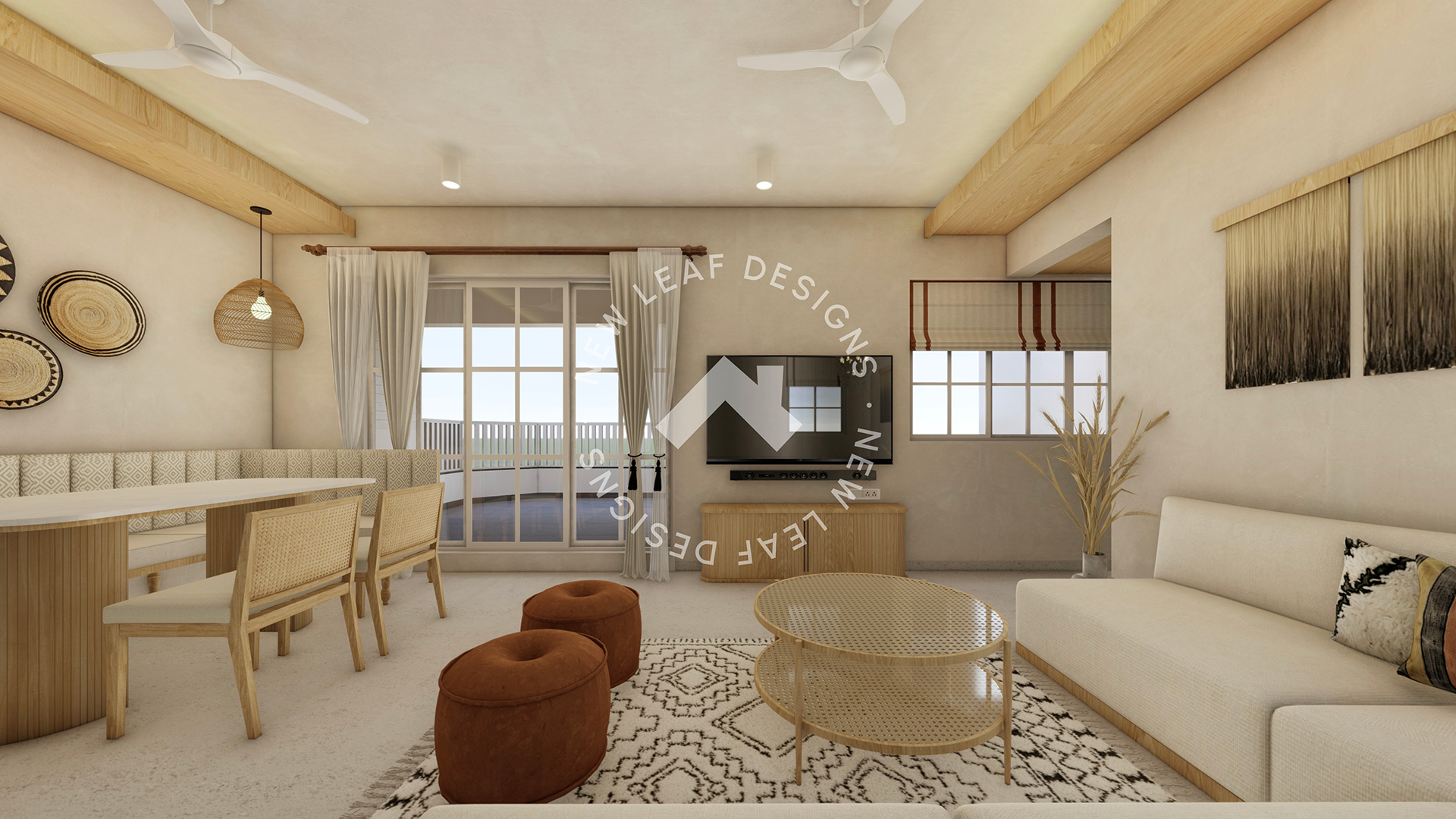 Limewash walls, cane textures, neutral colour palette, rust poufs, white oak finishes in a Boho Bali inspired living room