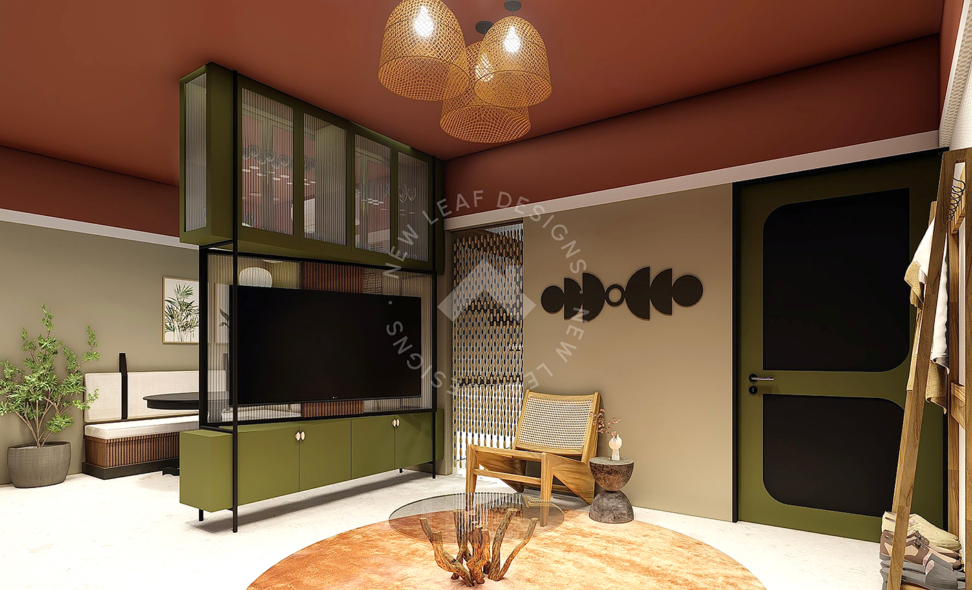 Organic modern, Bali inspired living room featuring a olive swivel TV unit and cabinets, cane lighting, rattan chair with warm terracotta tones