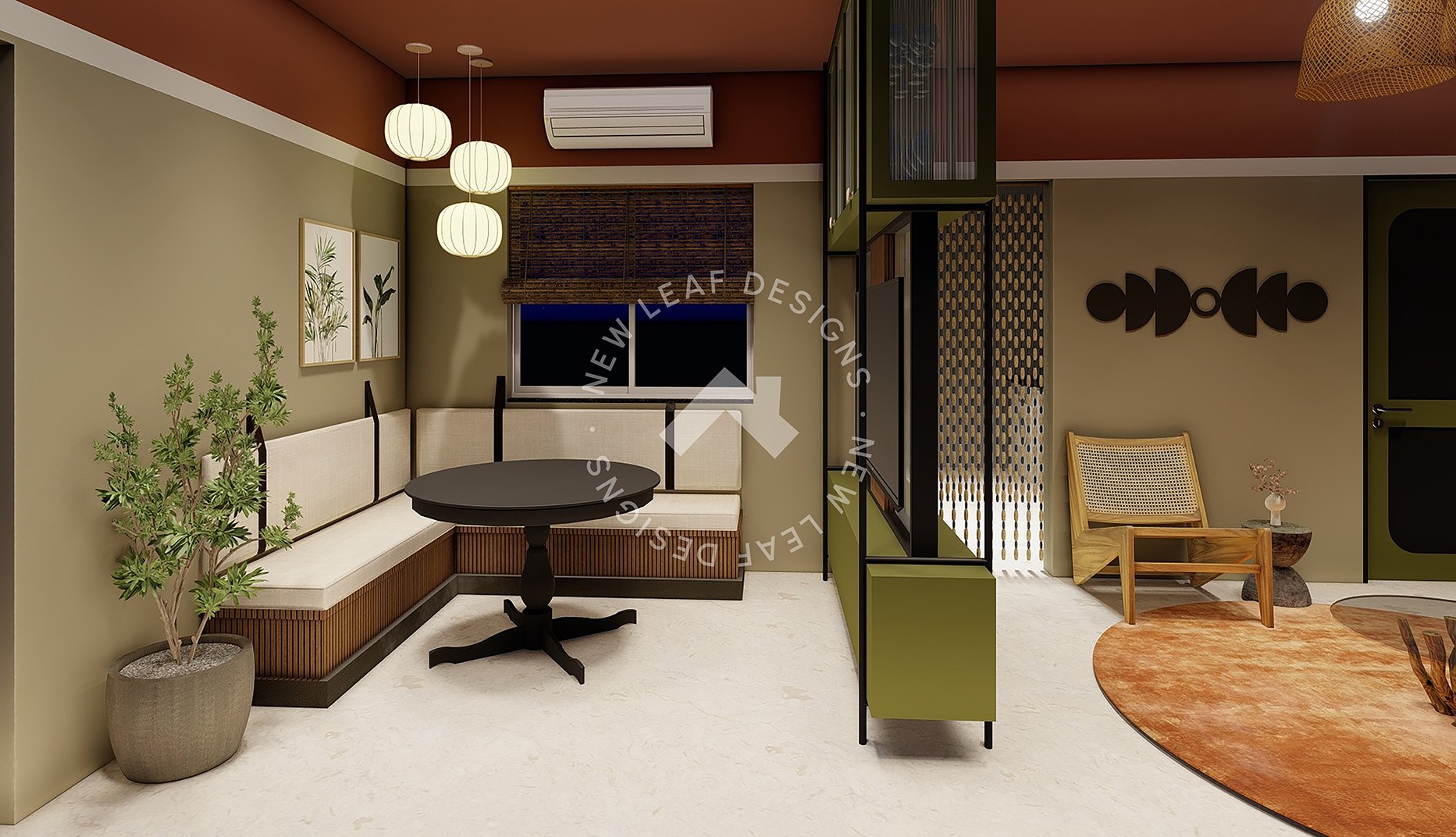 Organic modern dining room design featuring corner booth seating, round dining table, warm terracotta and olive tones, with soft ambient lights