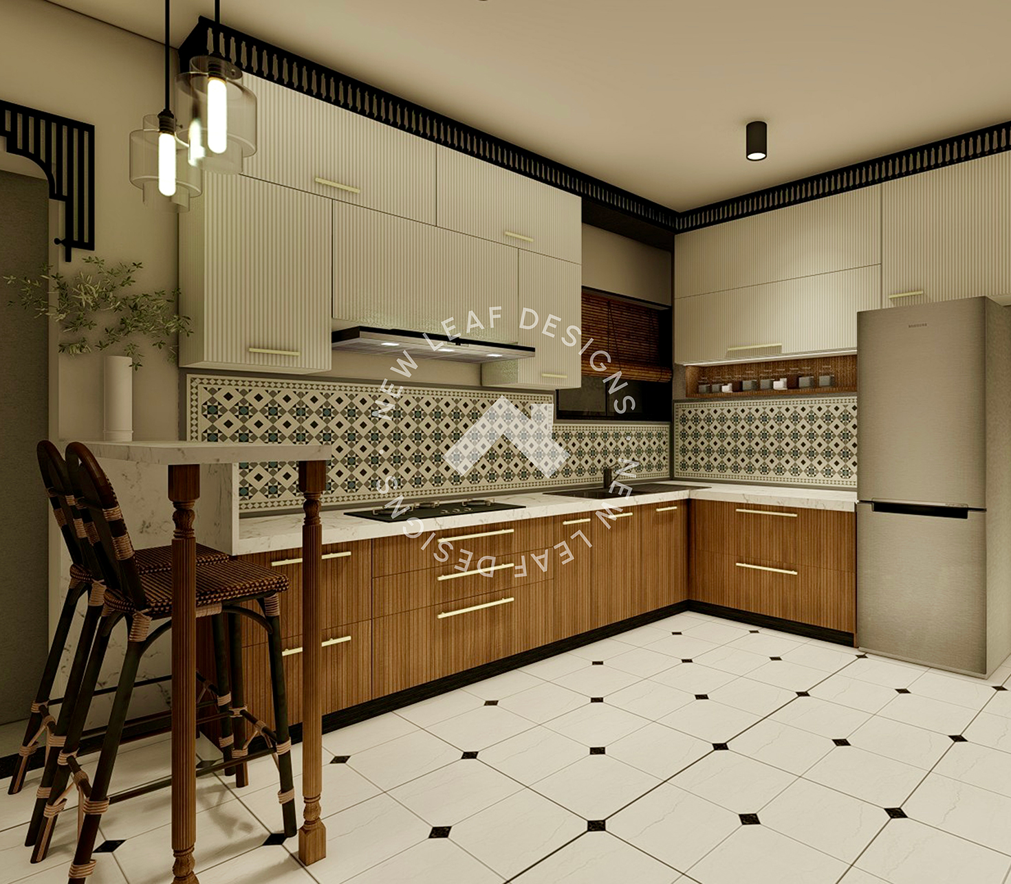 Indochine kitchen interiors with fluted and walnut finish cabinetry, ceramic backsplash tiles, brass accents, quartz countertop and breakfast counter