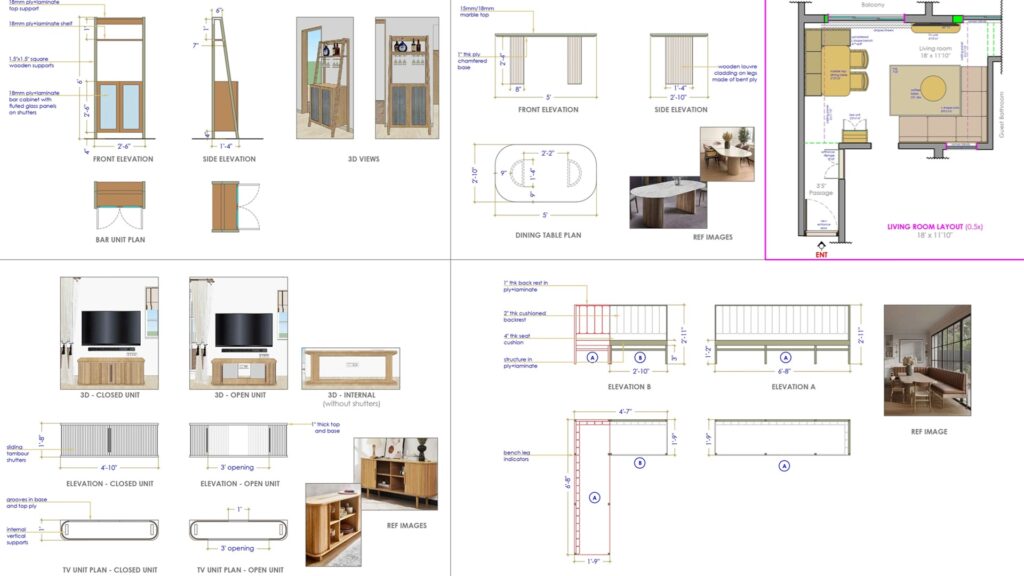 Interior 2D and 3D drawings showing furniture layouts, wall details, kitchen units, and measurements used for home interior plans by New Leaf Designs