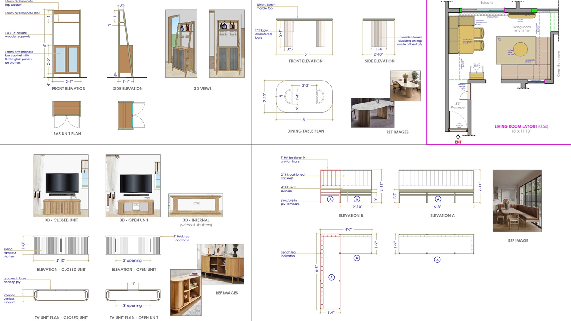 Interior 2D and 3D drawings showing furniture layouts, wall details, kitchen units, and measurements used for home interior plans by New Leaf Designs