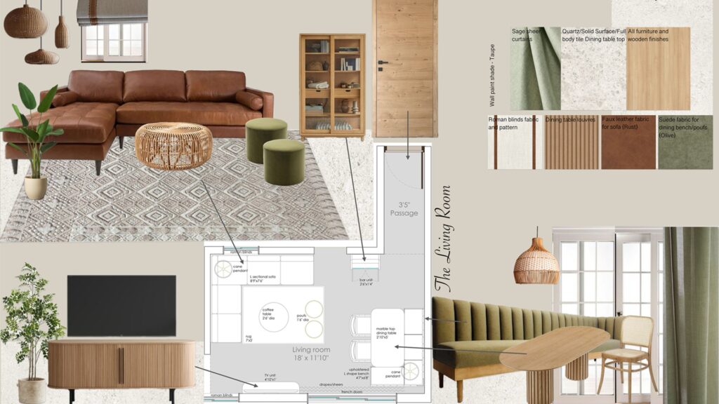Interior design moodboard and concept presentation showing living room layout, furniture selection, material palette, finishes, and space planning by New Leaf Designs