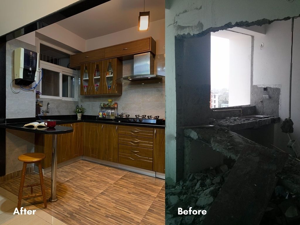 Before and after kitchen renovation showing transformation from an unfinished space to a fully functional open kitchen layout with cabinets, backsplash, breakfast counter and improved layout