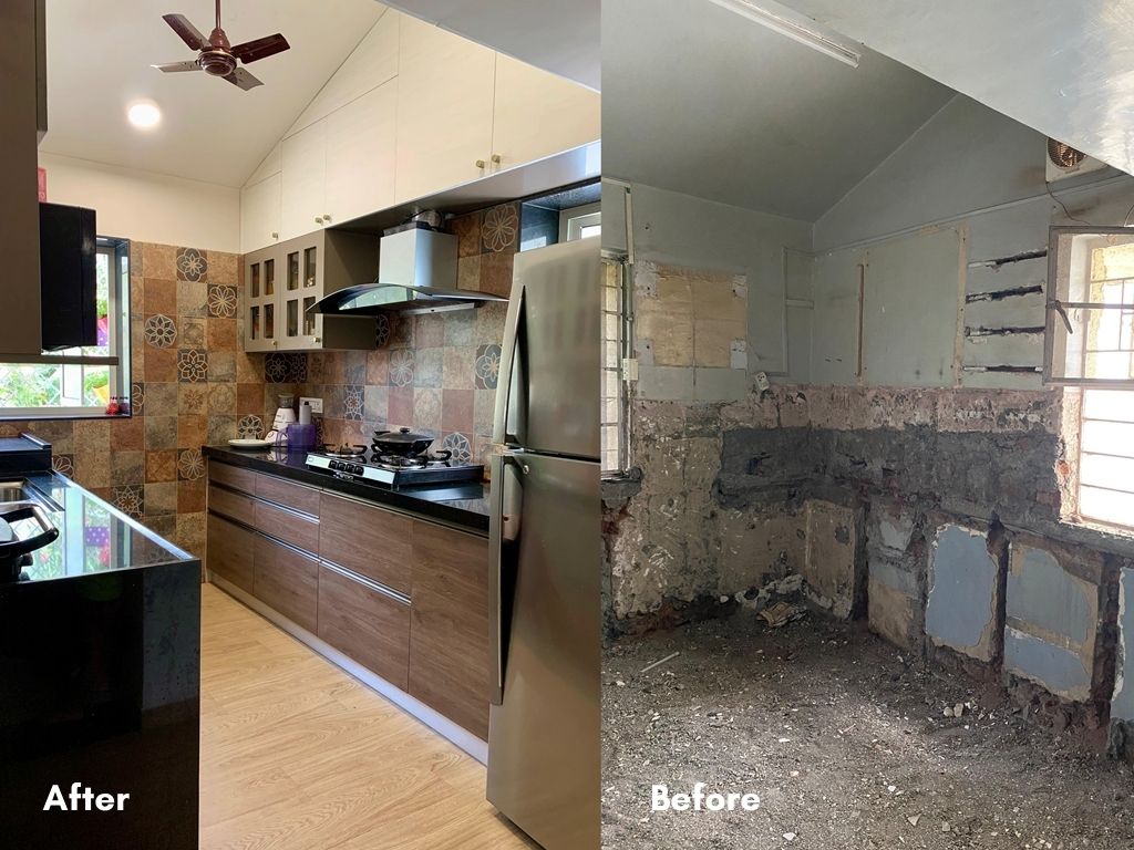 Before and after kitchen renovation showing transformation from a bare space to a fully functional kitchen with custom cabinets, rustic backsplash tiles wooden flooring and optimized layout