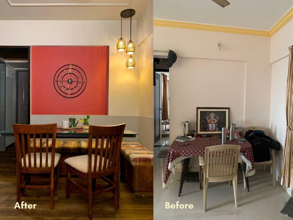 Before and after transformation of a dining corner, redesigned with custom booth seating, warm pendant lighting, accent wall and space-efficient dining layout