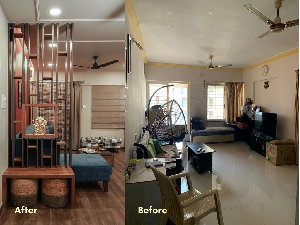 Before and after living room interior transformation showcasing improved space planning, custom partition, concealed seating and warm lighting