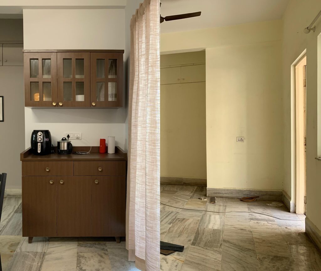 Before and after of an Indian rental apartment showing how paint, freestanding storage and soft curtains transform an empty space into a functional home without permanent changes.