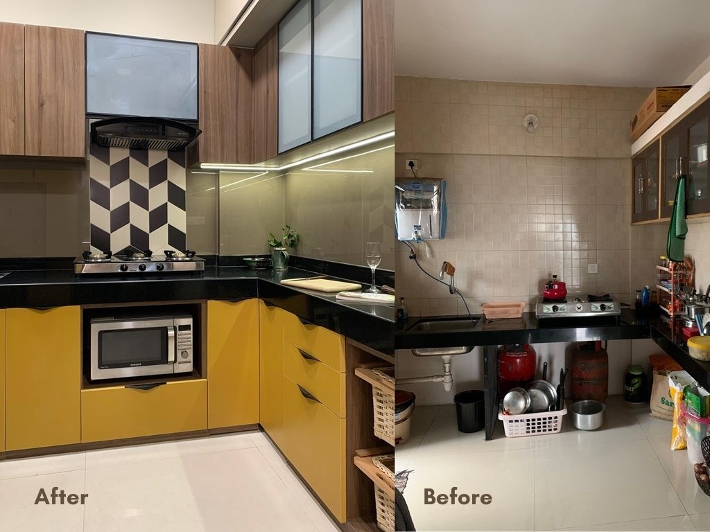 Before and after kitchen interior transformation showing a modern modular kitchen with improved storage, chimney placement, backsplash design and space planning