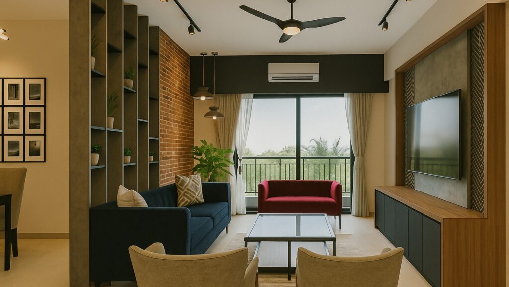 Modern living room interior with exposed brick wall, custom TV unit, track lighting, balcony view, and contemporary seating showcasing design-only service by New Leaf Designs