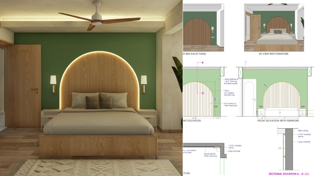 Bedroom designed over a virtual interior design consultation service showing an arched wooden bed back panel with concealed LED lighting, and coordinated furniture layout, alongside detailed working drawings