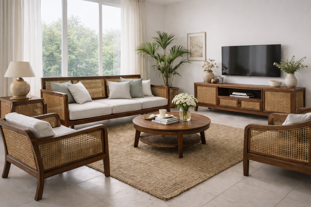 Cane webbing sofa and armchairs used extensively in a modern Indian living room, illustrating the overuse of cane furniture as an interior design trend that is difficult to maintain and age well
