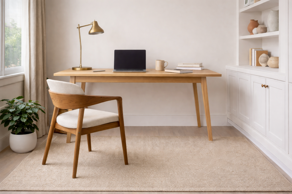 Minimal home office setup with a designer wooden study chair lacking ergonomic support, reflecting a common interior design trend that prioritises aesthetics over comfort in Indian work-from-home spaces