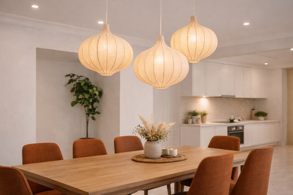 Fabric pendant lamps hanging above a dining table in a modern home interior, showing a lighting trend that traps dust and is difficult to maintain in Indian apartments