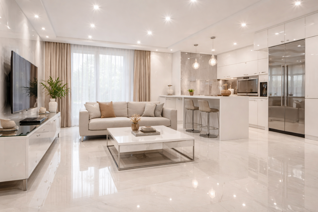 High-gloss white living room and kitchen interior with reflective floors and excessive downlights, illustrating over-lit and high-maintenance interior design trends common in Indian homes