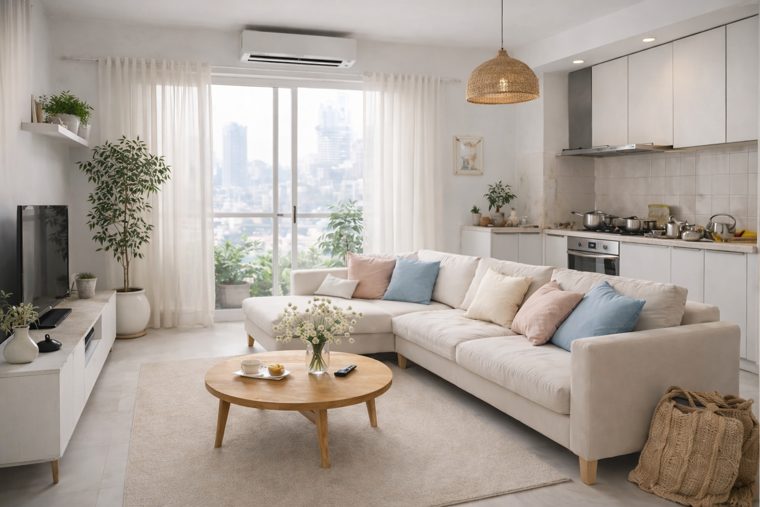 Light and pastel-coloured living room with white furniture, soft textiles, and pale finishes, representing a popular interior design trend that shows wear easily and requires high maintenance in Indian homes