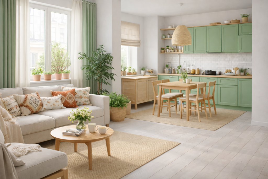 Light and pastel-toned living room and kitchen interior with pale flooring and soft furnishings, showing a popular interior design trend that is difficult to maintain in Indian homes