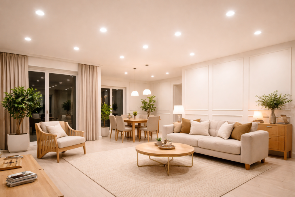 Living room and dining area with excessive recessed ceiling lights and uniform illumination, highlighting over-lighting as a common interior design trend in Indian apartments