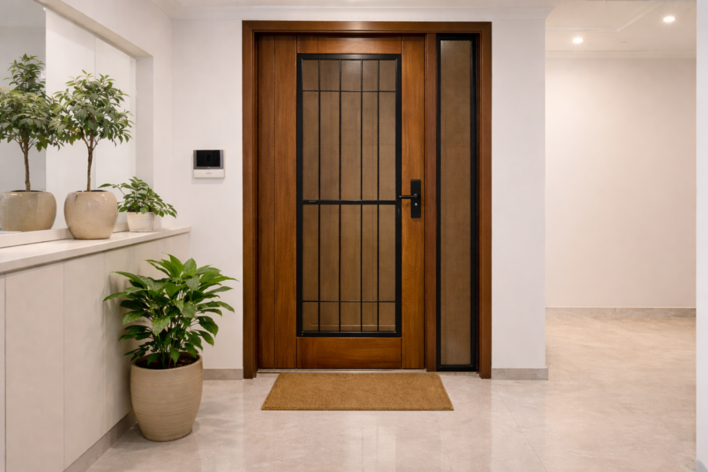 Apartment entrance with a metal grill safety door installed in front of the main wooden door, illustrating a common interior design choice in Indian apartments despite modern gated security