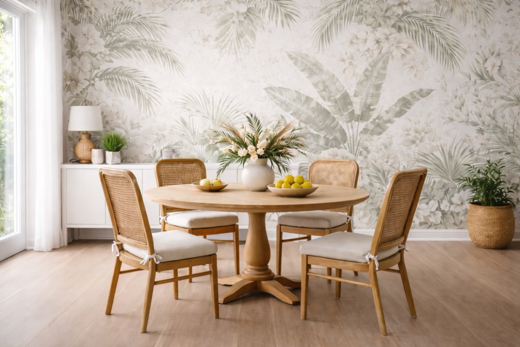 Tropical leaf-pattern wallpaper used across a dining space, showing an interior design trend that can feel visually overpowering and age quickly in Indian home