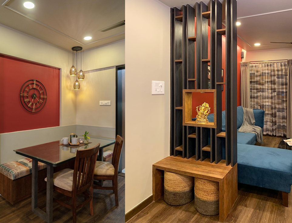 Compact living room with corner booth seating dining table with bench storage, multipurpose room-divider with seating and storage