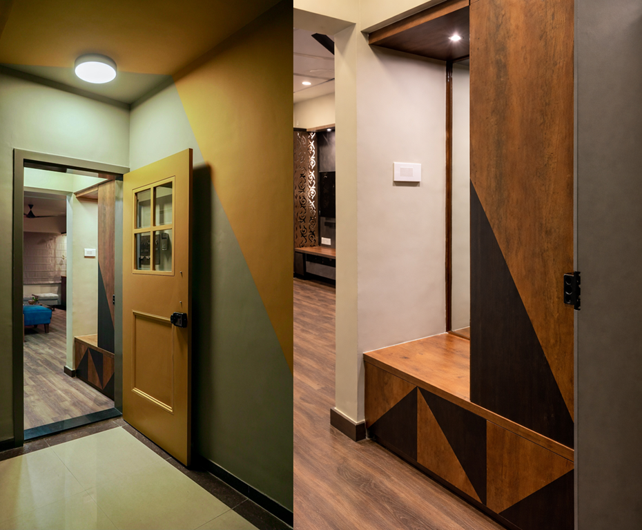 Entryway storage with seating and mirror in a compact 2BHK apartment