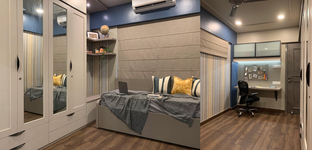 Kids bedroom in compact Pune apartment, twin wardrobes, loft, toy storage, Work from home study with cabinets