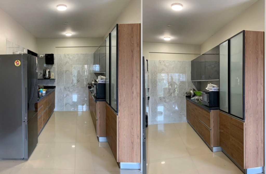 Finished open kitchen makeover in NIBM Pune with neutral color scheme and pest-resistant modular metal cabinets