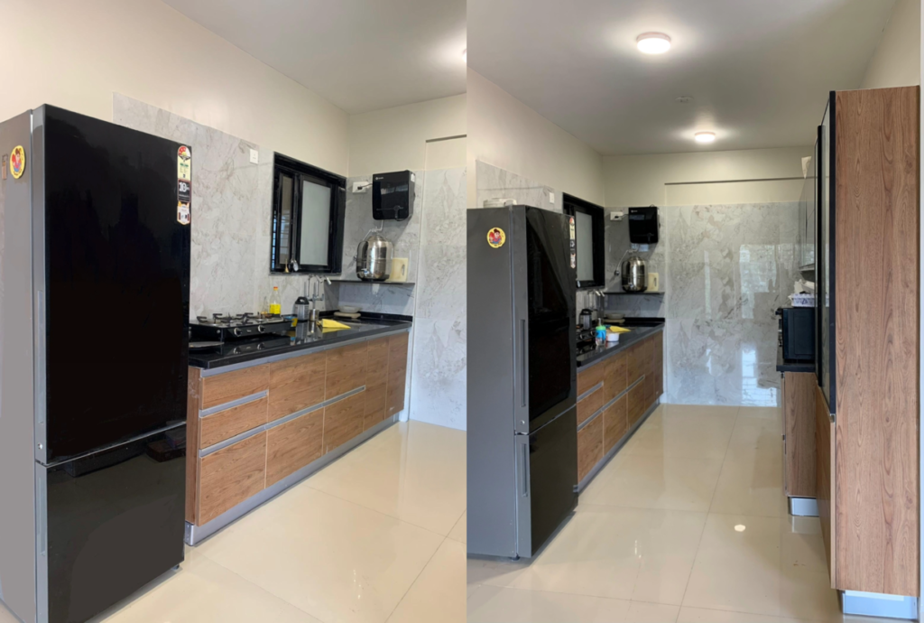 Modern budget modular kitchen renovation in Pune with black granite countertop and wood finish cabinets