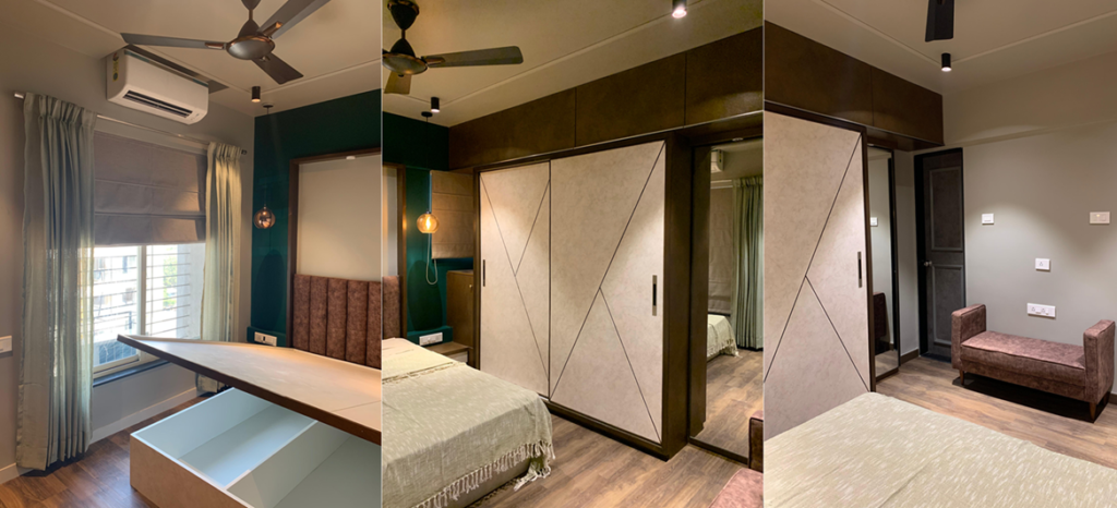 Compact master bedroom in 2BHK apartment, with hydraulic bed storage, sliding wardrobe, lofts and vanity storage