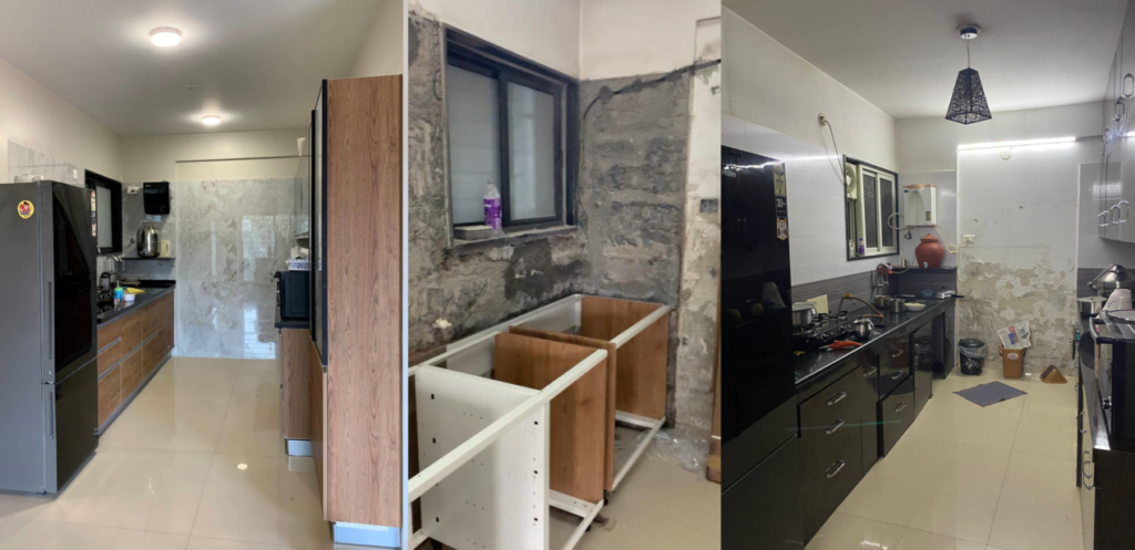 Before and after stages of kitchen renovation in Pune showing wall seepage repair and modular kitchen cabinet installation