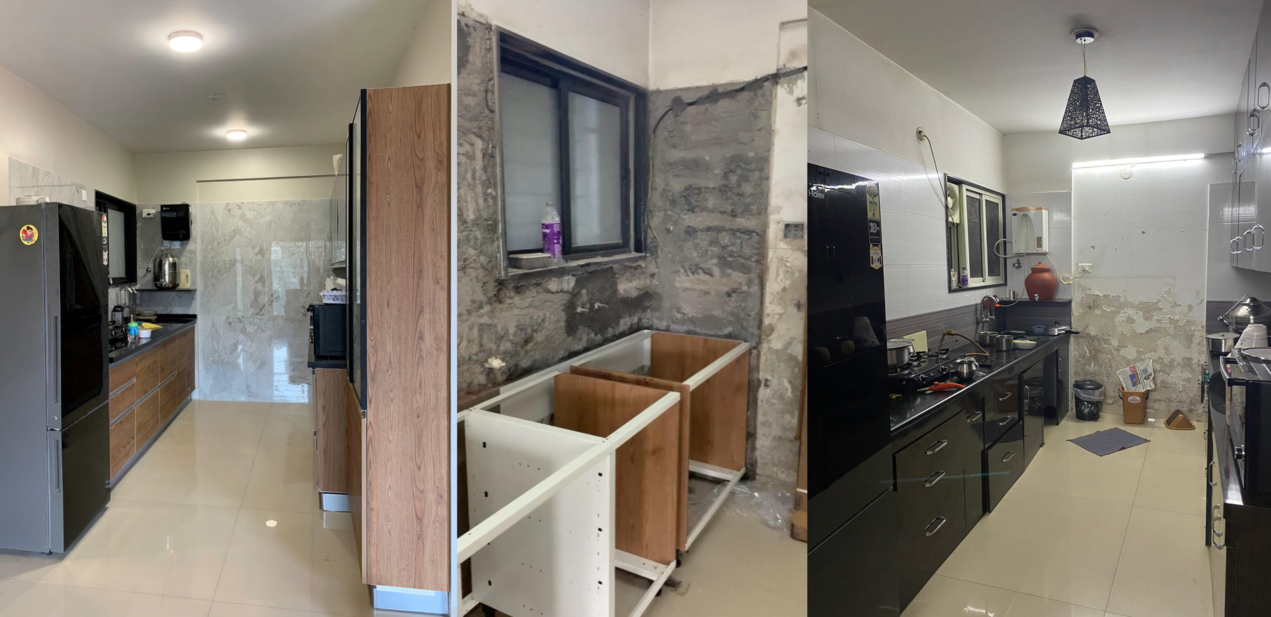Before and after stages of kitchen renovation in Pune showing wall seepage repair and modular kitchen cabinet installation