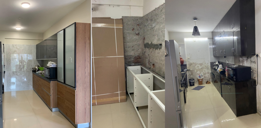 Kitchen remodel process in NIBM Pune with metal carcass cabinets and repaired walls during renovation