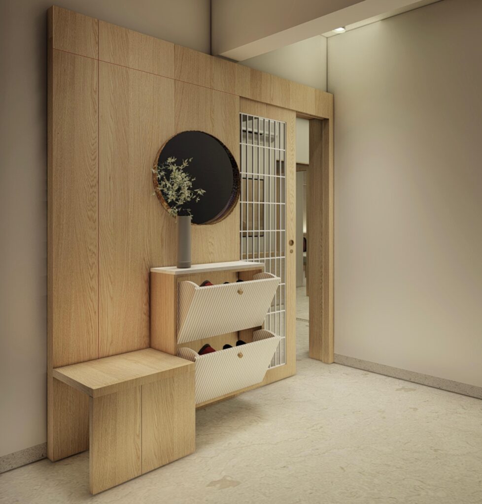 2BHK Entrance design with storage paneling, folding seat, safety pocket grill door