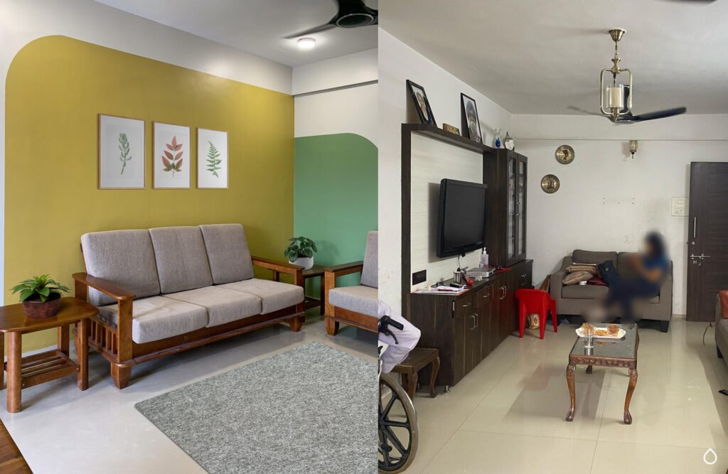 Before and after of a living room achieved through styling and decor consultation, by New Leaf Designs