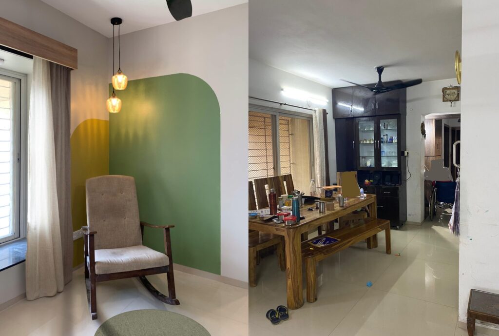 Before and after of a family room achieved through styling and decor consultation, by New Leaf Designs