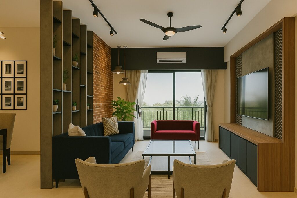 3BHK interior design consultation used to create a subtle partition and visual zoning between living and dining without closing off the space