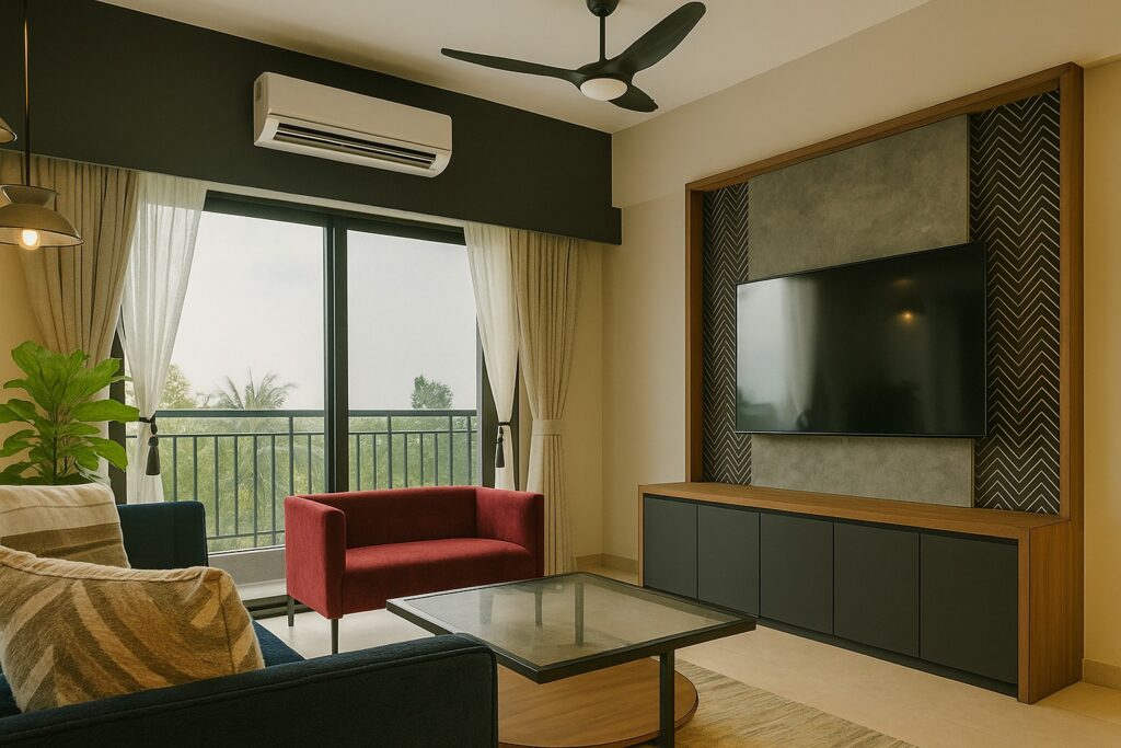 TV unit design with maximum storage in a 3BHK living room design
