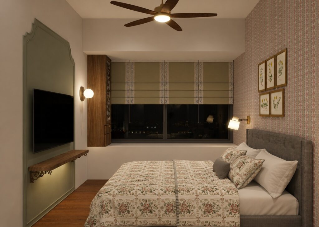 Compact Guest bedroom in Indian theme designed for a Singapore home