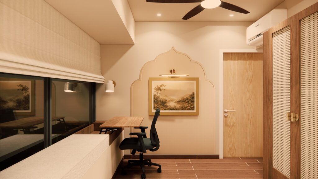 Compact Master bedroom with integrated workstation and an Indian theme wall panel designed for a Singapore home