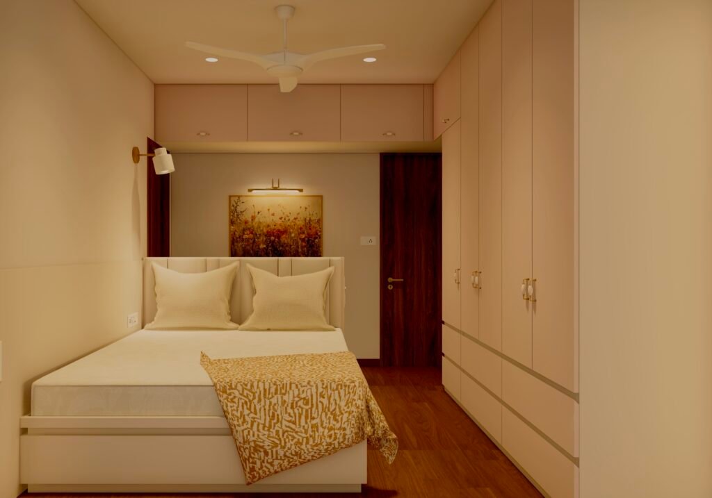 Compact Master bedroom with headboard storage used as nightstand