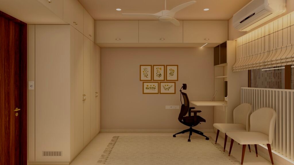 Guest bedroom with corner workstation, dining chairs, storage and loft in pastel color palette