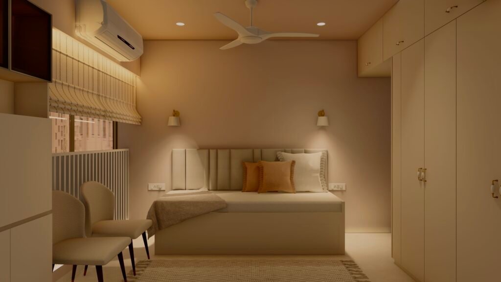 Guest bedroom with sofa bed pastel color palette and cushioned headboard