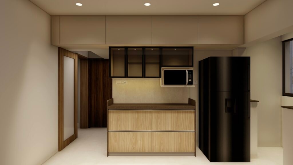 Kitchen with minimal laminates and glass crockery display designed for a compact 2BHK apartment