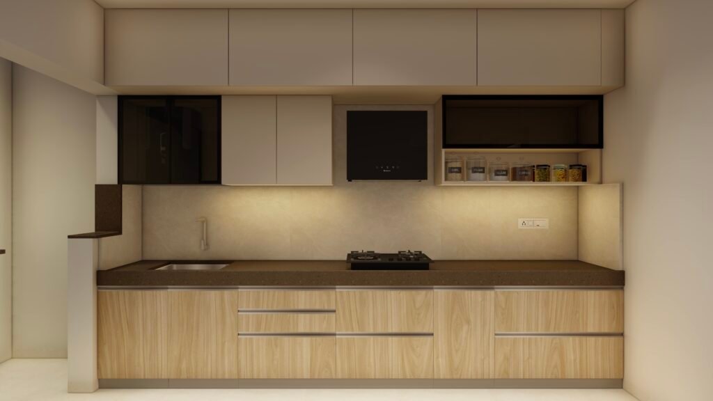 Kitchen with minimal laminates and max storage designed for a compact 2BHK apartment