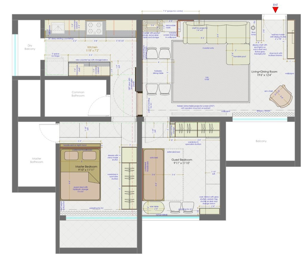Furniture layout for a 2BHK aparment