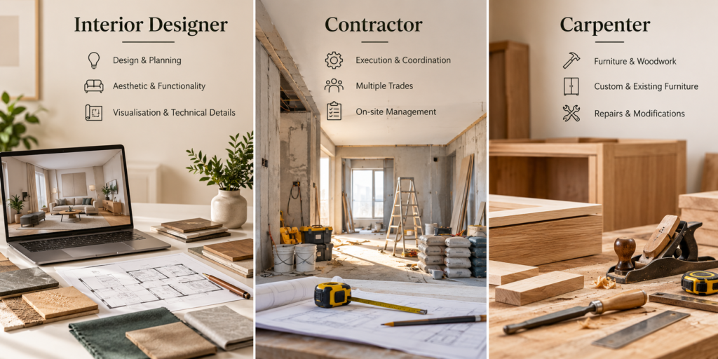Comparison chart between interior designer, contractor and carpenter and who should one hire